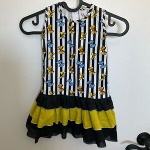 Black & white striped ribbon tank dress with yellow/black ruffle, size 2-3 yrs